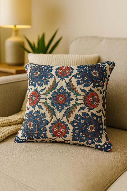 Floral Medallion Tapestry Cushion Cover: Ottoman Jacquard Pillow, 40x40cm