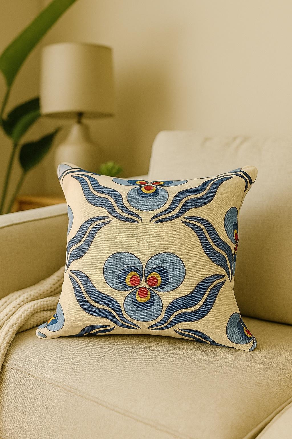 Blue Floral Tapestry Cushion Cover: 40x40 cm Jacquard Pillow