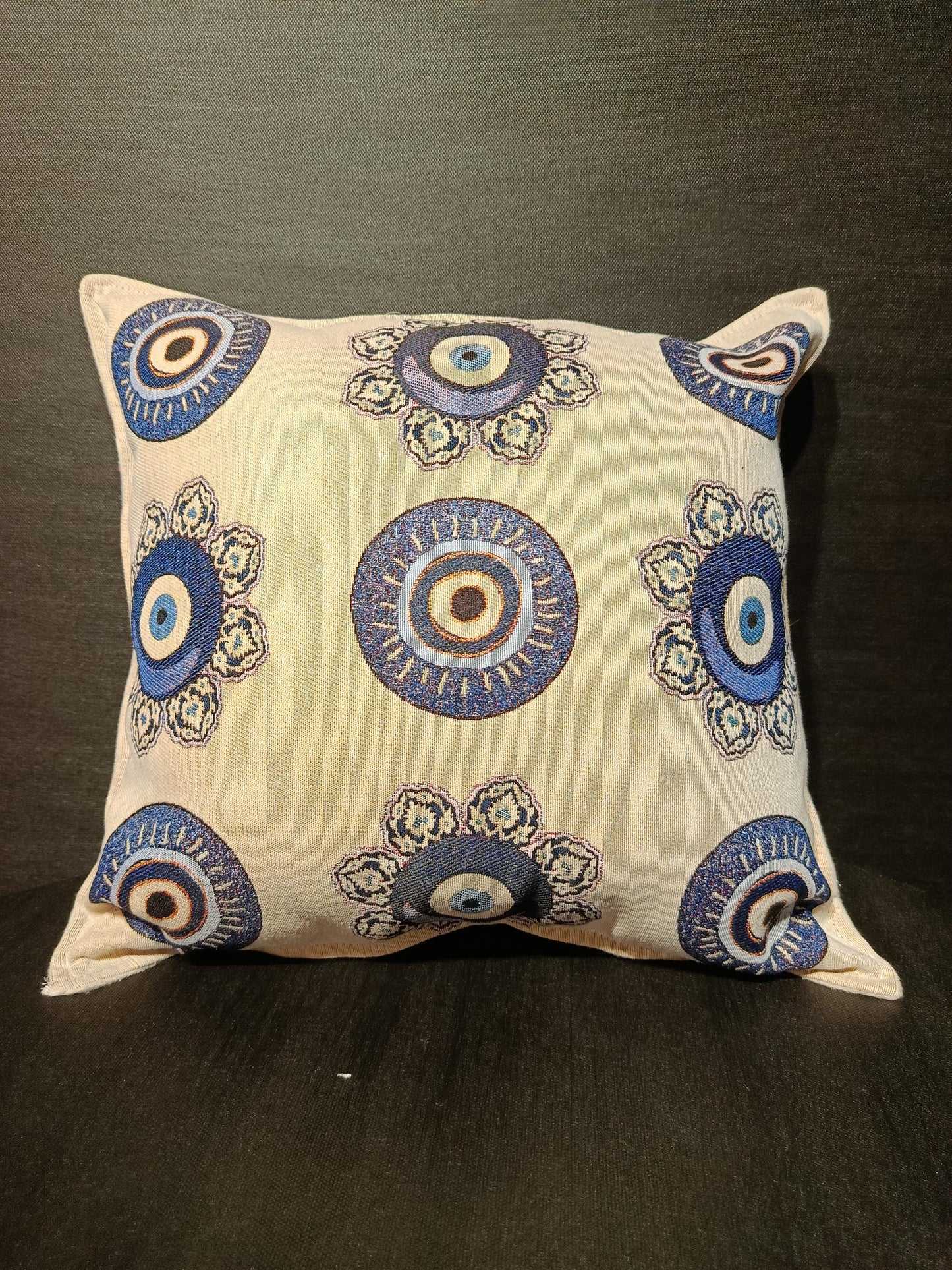 Floral Evil Eye Pillow Cover: Jacquard Tapestry, Turkish Nazar Decor