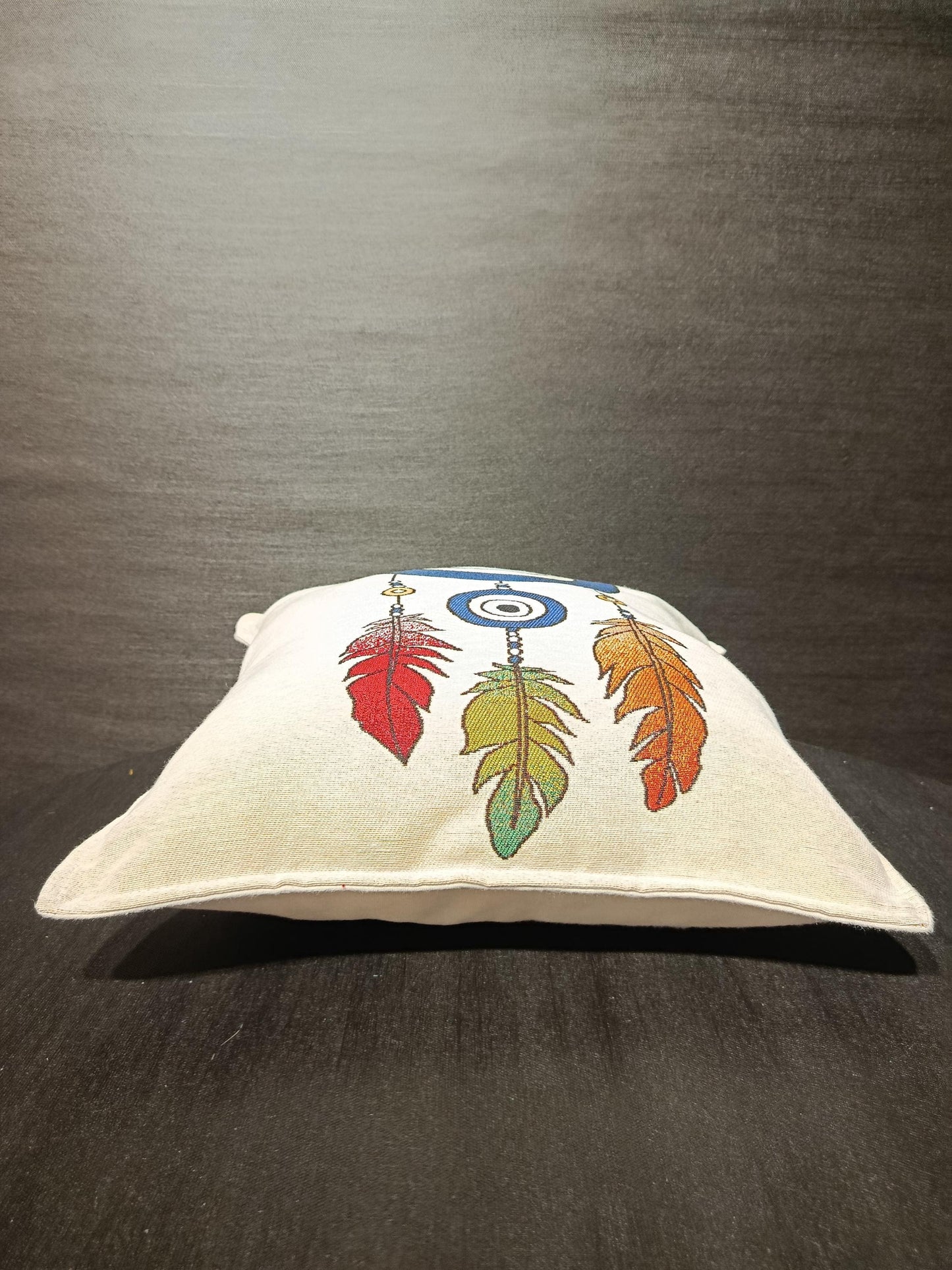 Boho Evil Eye Pillow Cover: Gobelin Tapestry Cushion with Feathers