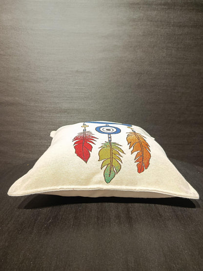 Boho Evil Eye Pillow Cover: Gobelin Tapestry Cushion with Feathers