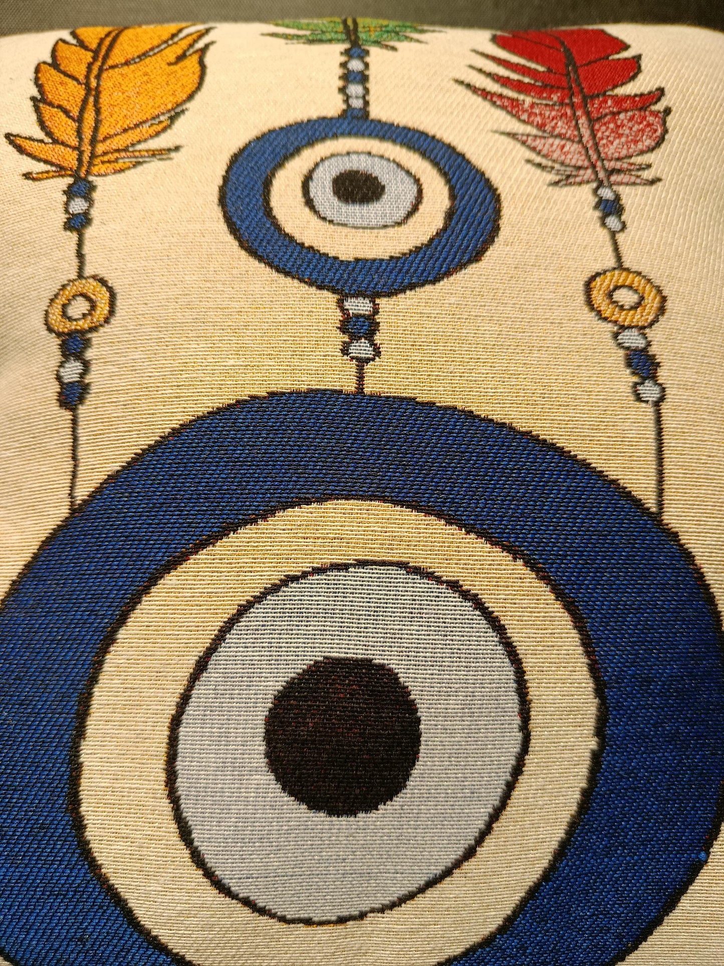 Boho Evil Eye Pillow Cover: Gobelin Tapestry Cushion with Feathers