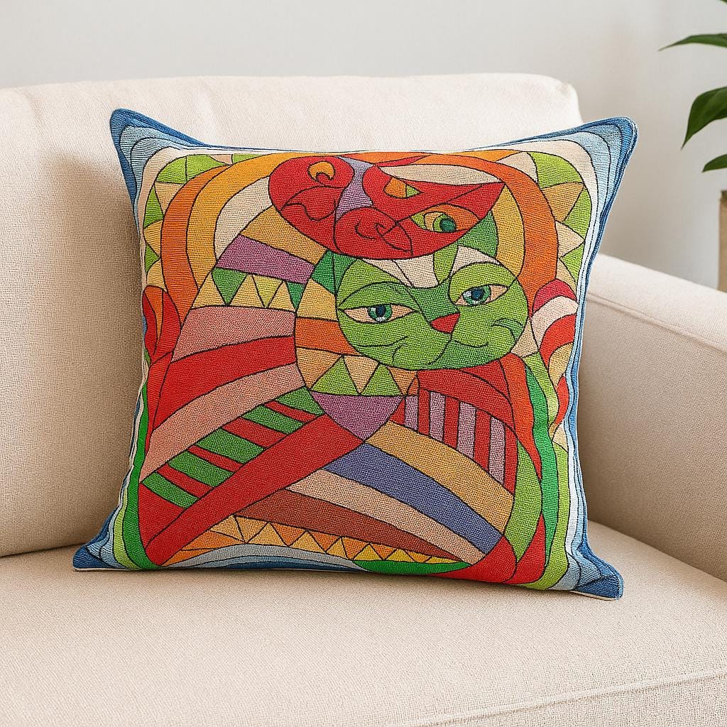 Gobelin Tapestry Cat Pillow Cover: Abstract Geometric Design, Boho Decor