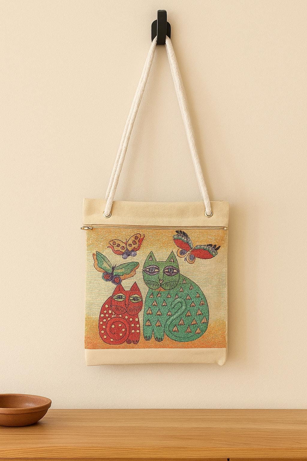 Colorful Cat and Butterfly Crossbody Bag – 8"x10" Handmade Canvas Shoulder Purse from Türkiye