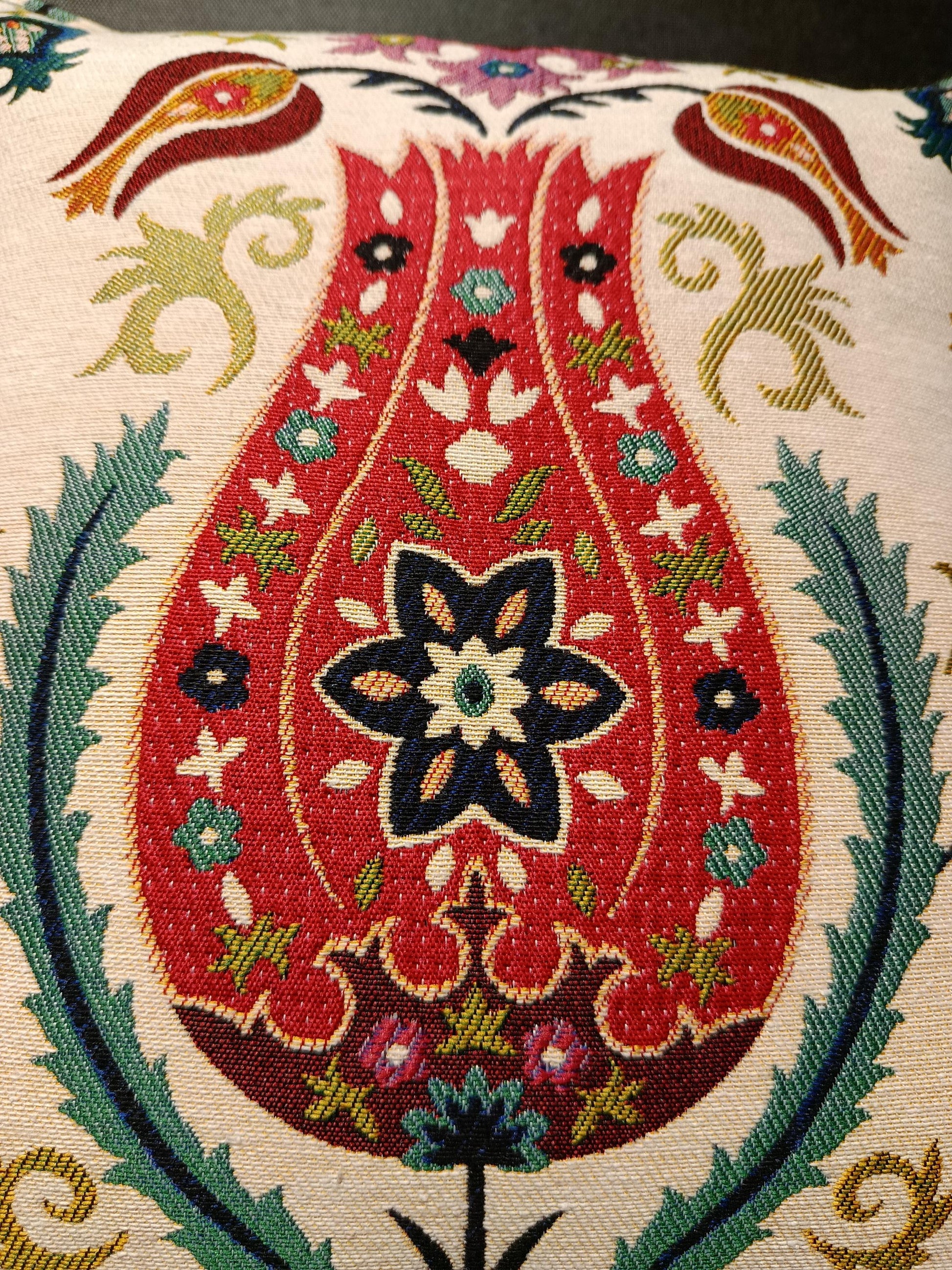 Red Tulip Ottoman Cushion Cover: Gobelin Jacquard Turkish Pillow