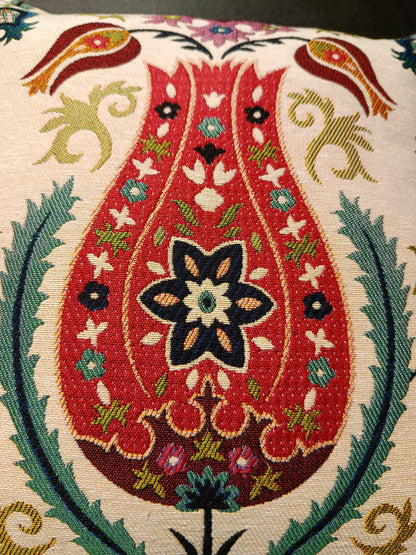 Red Tulip Ottoman Cushion Cover: Gobelin Jacquard Turkish Pillow