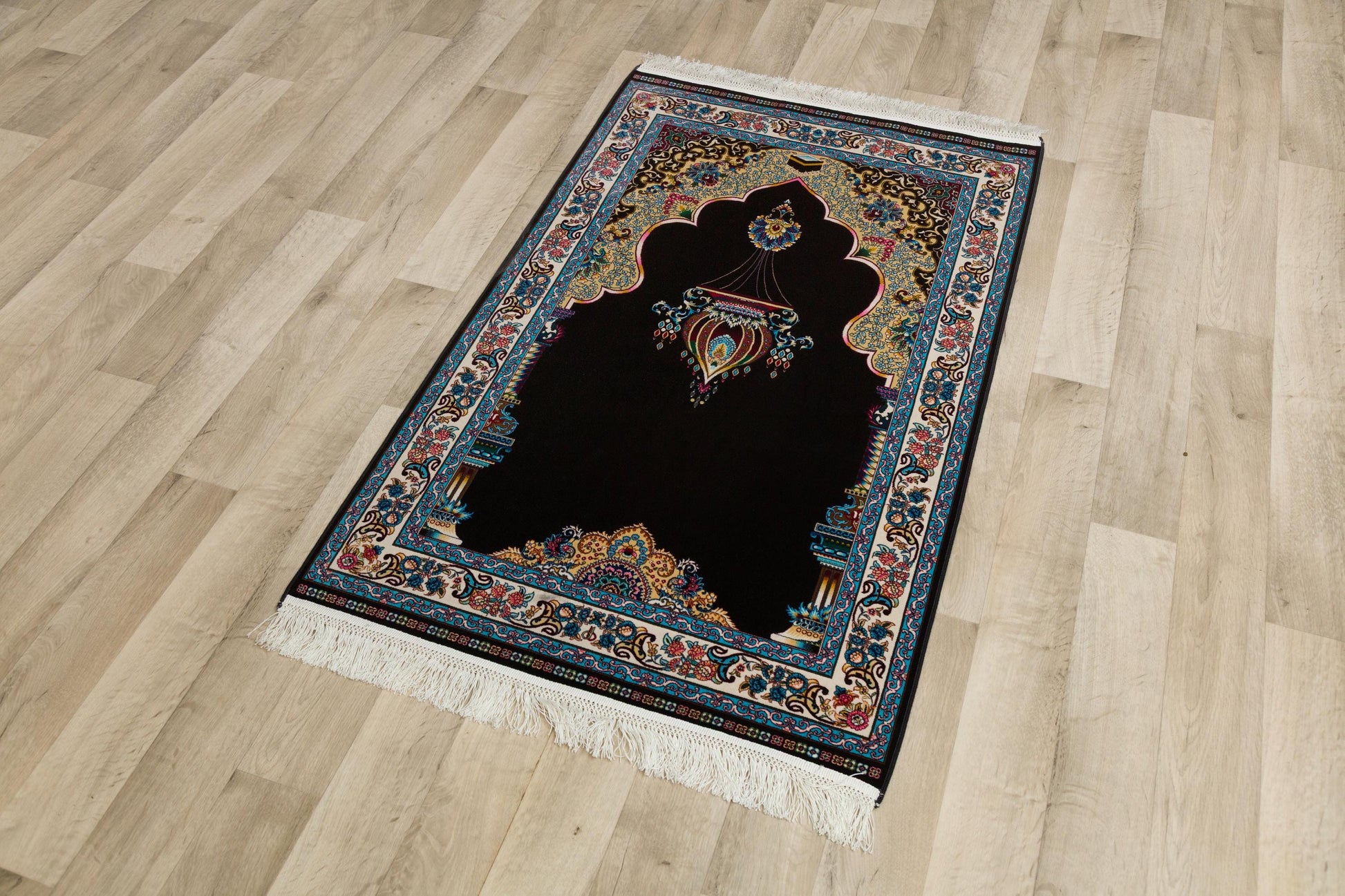 Dark Silk-Look Prayer Rug: Islamic Mihrab Design with Fringe