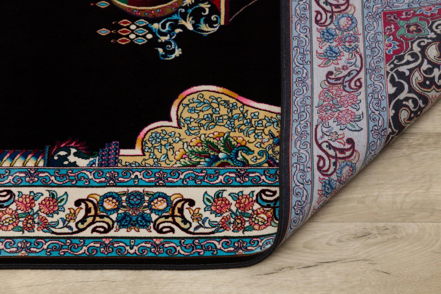 Dark Silk-Look Prayer Rug: Islamic Mihrab Design with Fringe