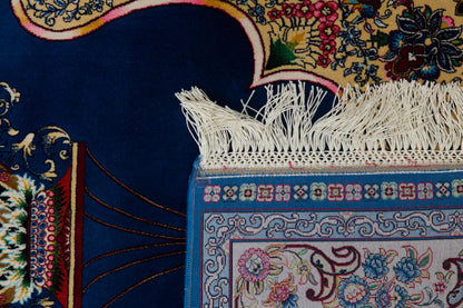 Navy Silk-Look Prayer Rug: Islamic Mihrab Design with Fringe