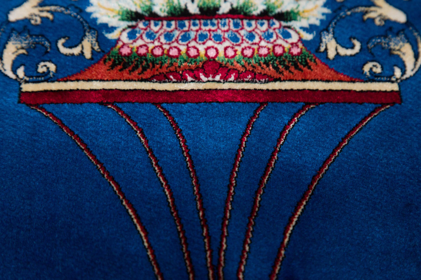 Navy Silk-Look Prayer Rug: Islamic Mihrab Design with Fringe