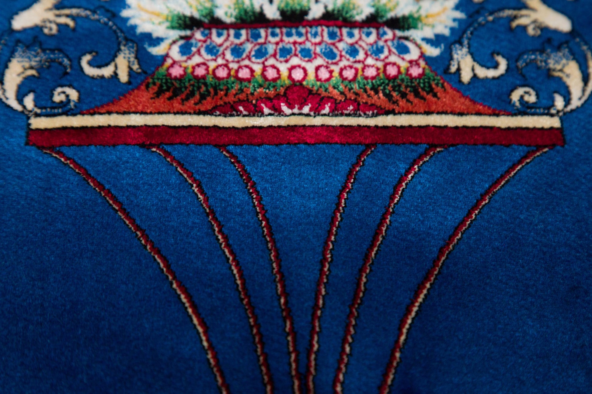 Navy Silk-Look Prayer Rug: Islamic Mihrab Design with Fringe