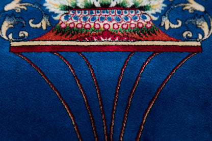 Navy Silk-Look Prayer Rug: Islamic Mihrab Design with Fringe