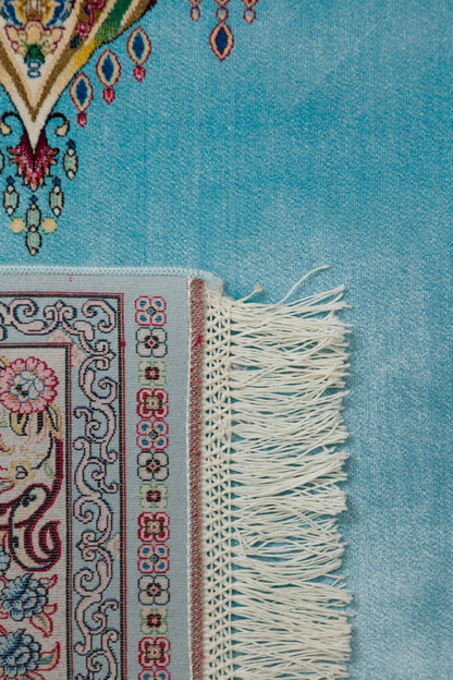 Light Blue Turkish Prayer Rug: Silk-Look Islamic Seccade with Floral Lantern