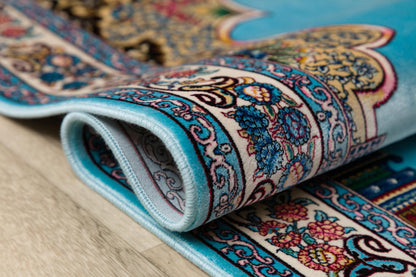 Light Blue Turkish Prayer Rug: Silk-Look Islamic Seccade with Floral Lantern