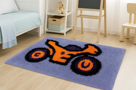 Handtufted Motorcycle Rug: Purple Kids Playroom Carpet with Orange Accents