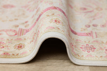 Floral Turkish Prayer Rug: Ivory Pink Seccade with Arch Design
