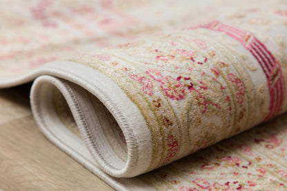Floral Turkish Prayer Rug: Ivory Pink Seccade with Arch Design