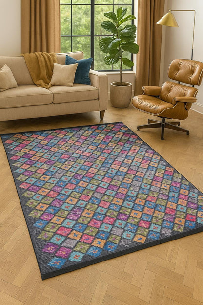 Washable Geometric Diamond Area Rug – Vibrant Boho Flatweave Carpet