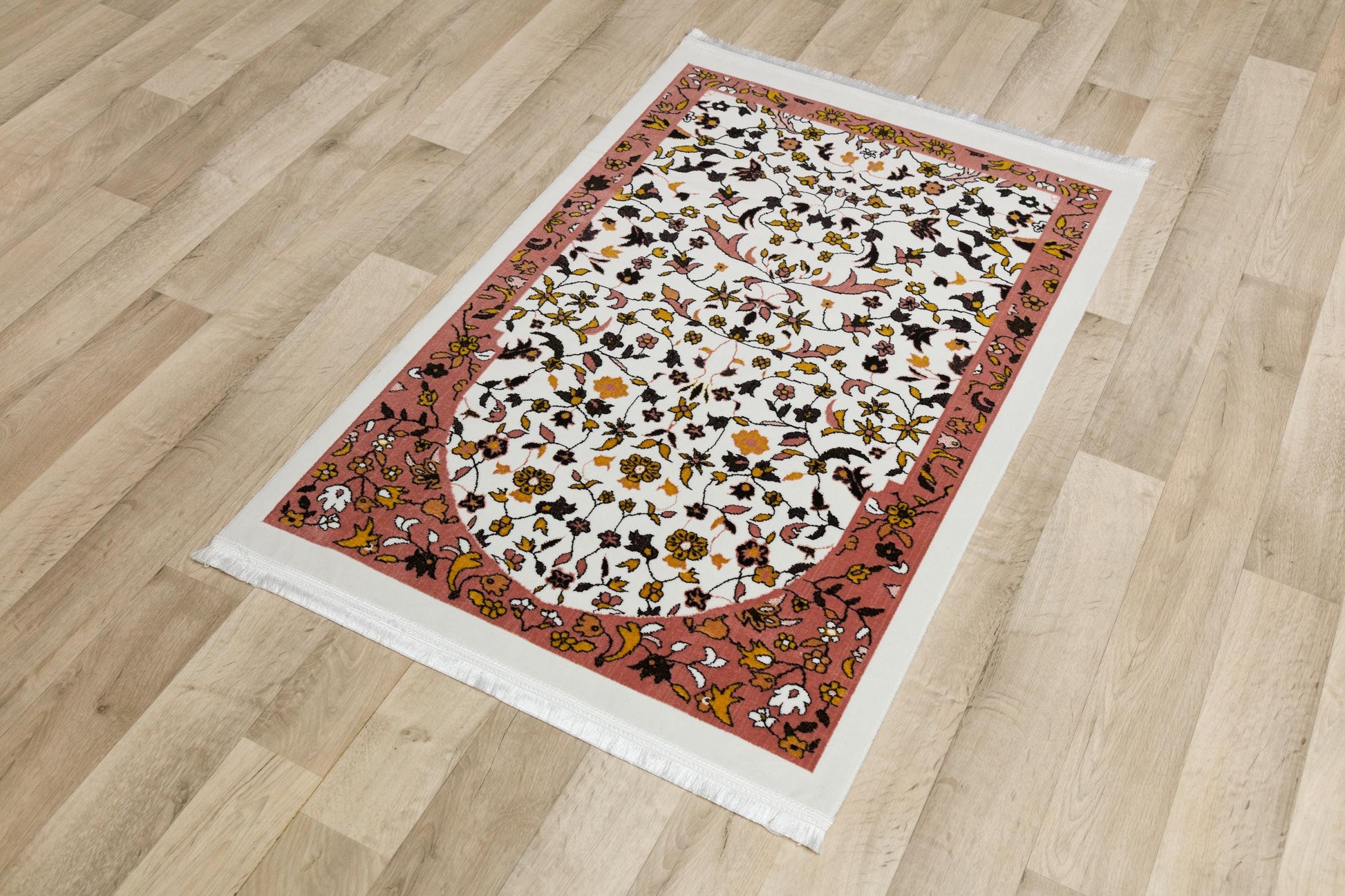 Floral Turkish Prayer Rug: Ivory & Pink Seccade, Arch Design