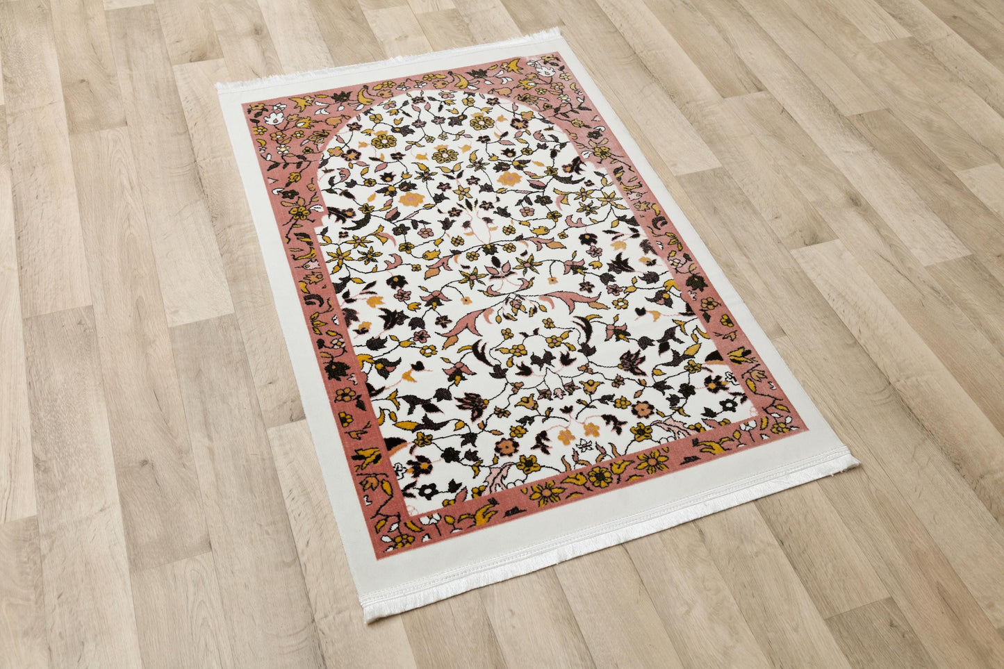 Floral Turkish Prayer Rug: Ivory & Pink Seccade, Arch Design