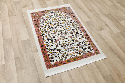 Floral Turkish Prayer Rug: Ivory & Pink Seccade, Arch Design