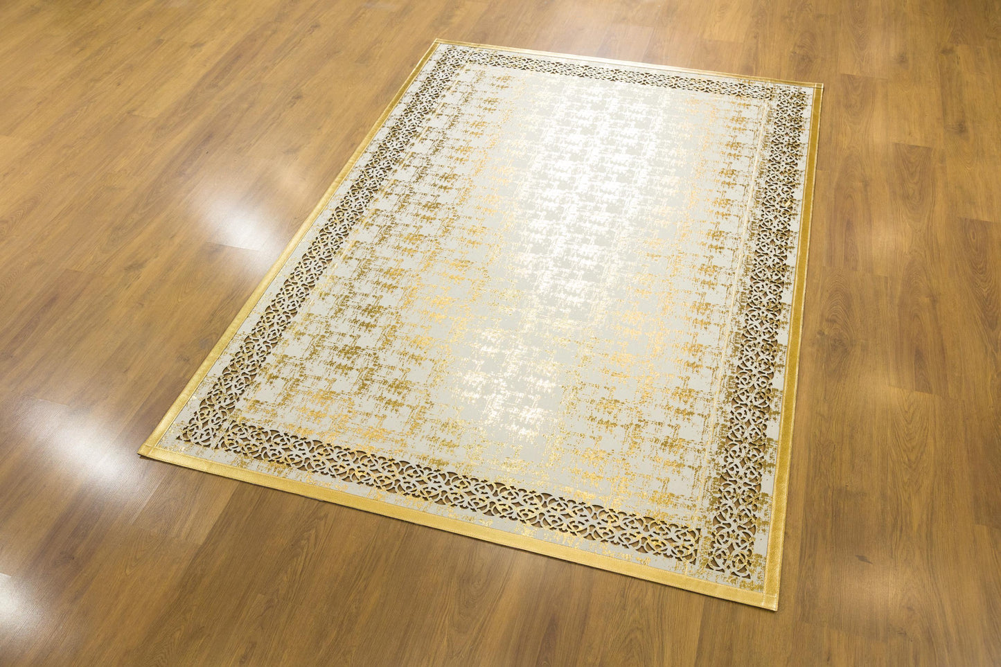 Metallic Rose Gold Geometric Rug: 5x7ft Laser Cut Faux Leather Carpet