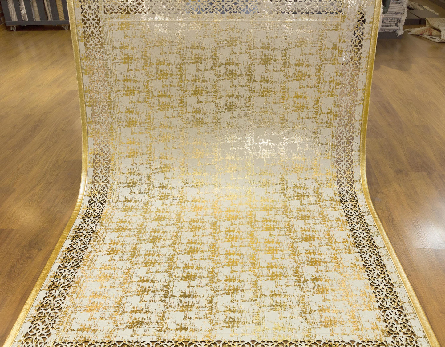 Metallic Rose Gold Geometric Rug: 5x7ft Laser Cut Faux Leather Carpet