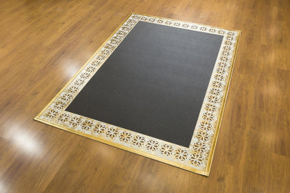 5x7ft Black Faux Leather Rug with Gold Laser-Cut Border - Modern Turkish Designer Area Carpet