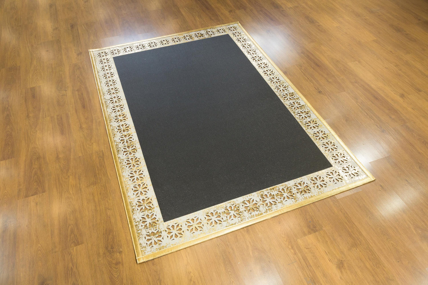 5x7ft Black Faux Leather Rug with Gold Laser-Cut Border - Modern Turkish Designer Area Carpet