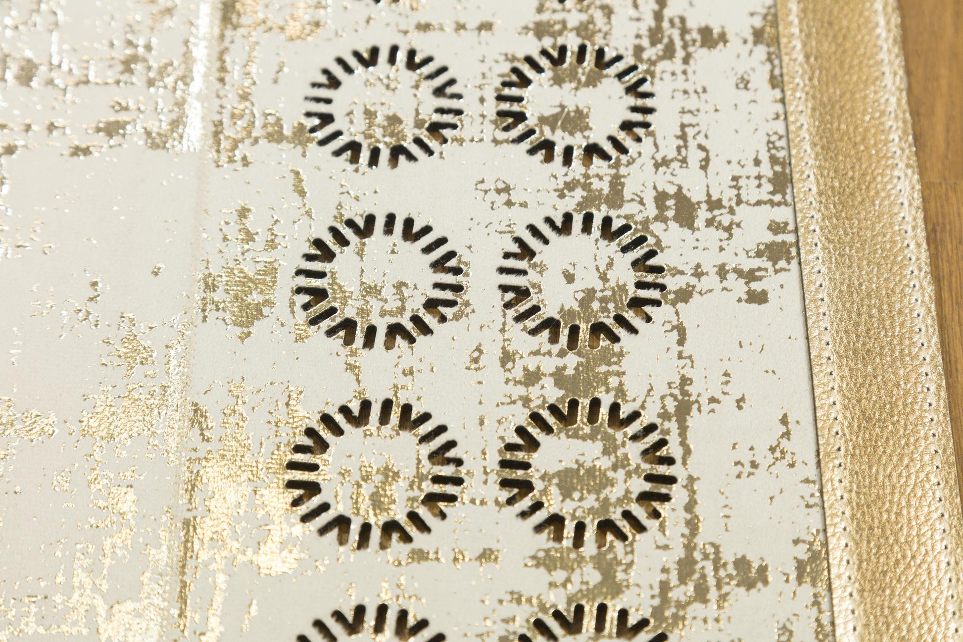 5x7ft Modern White Faux Leather Rug with Gold Laser Cut Border - Vegan Turkish Carpet