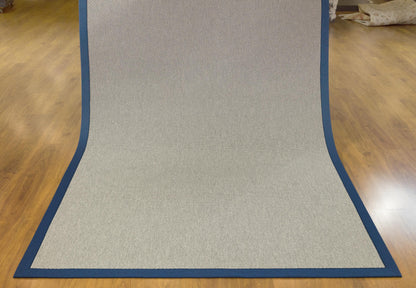 Modern Beige Jute Rug: Blue Fabric Border, Flatweave Outdoor/indoor carpet