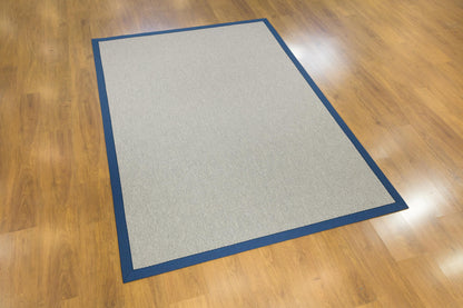 Modern Beige Jute Rug: Blue Fabric Border, Flatweave Outdoor/indoor carpet