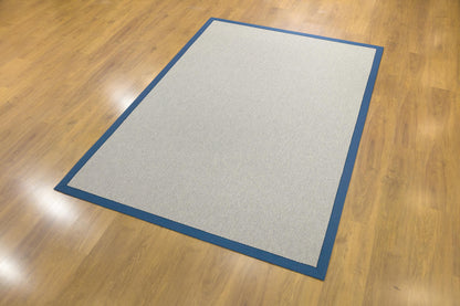 Modern Beige Jute Rug: Blue Fabric Border, Flatweave Outdoor/indoor carpet