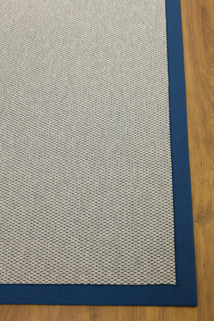 Modern Beige Jute Rug: Blue Fabric Border, Flatweave Outdoor/indoor carpet