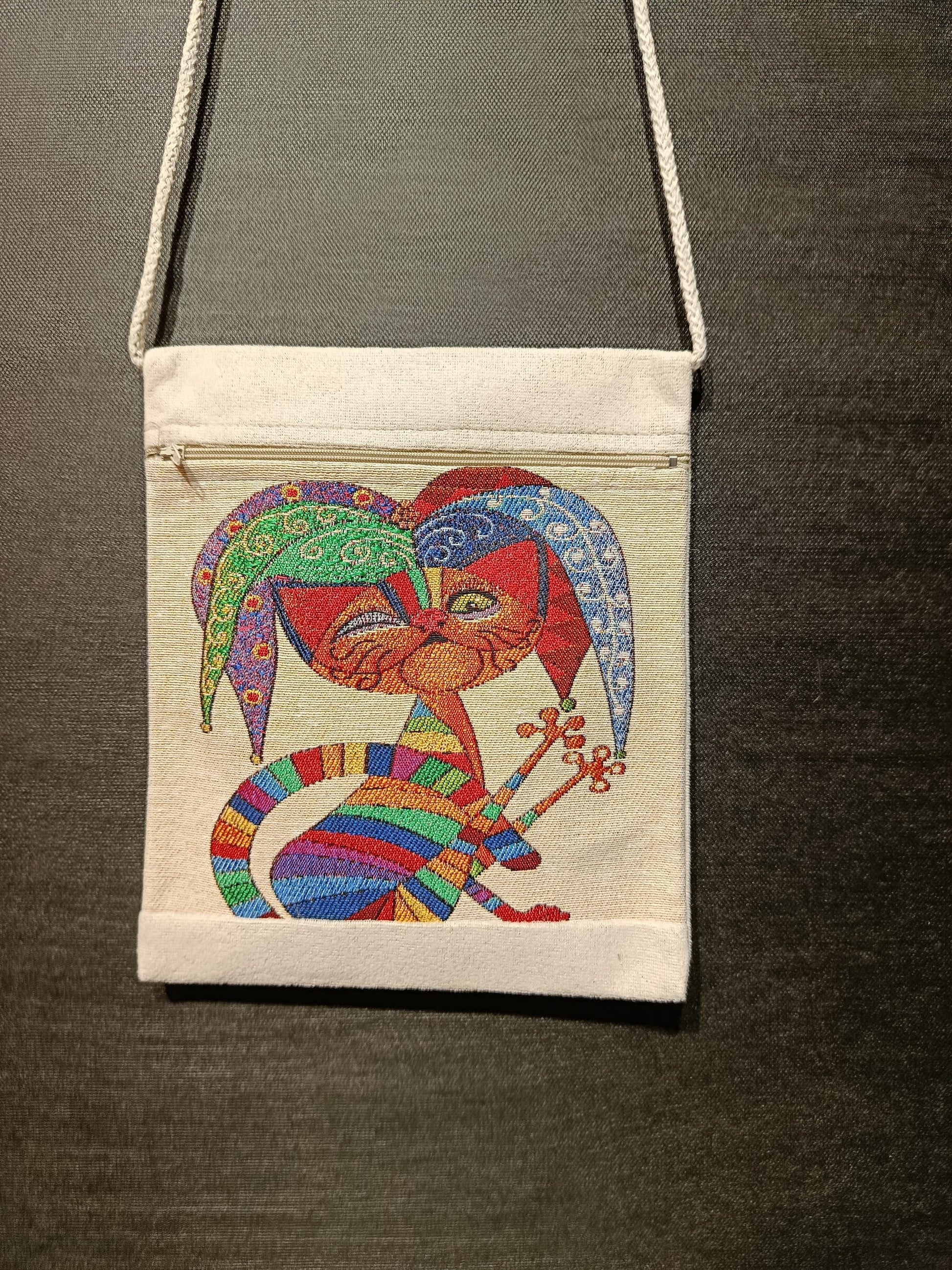 Whimsical Cat Crossbody Bag: Embroidered Jester Art, Canvas Pouch