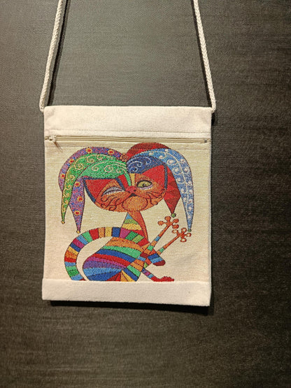 Whimsical Cat Crossbody Bag: Embroidered Jester Art, Canvas Pouch