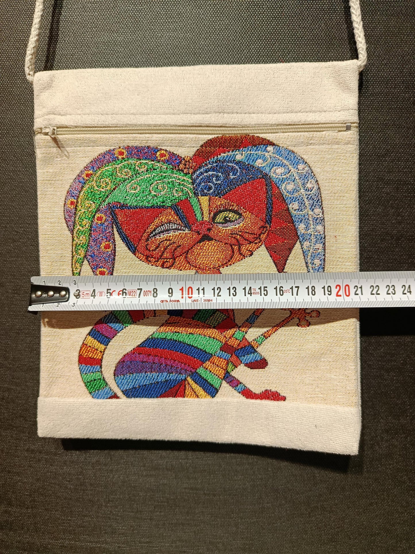 Whimsical Cat Crossbody Bag: Embroidered Jester Art, Canvas Pouch