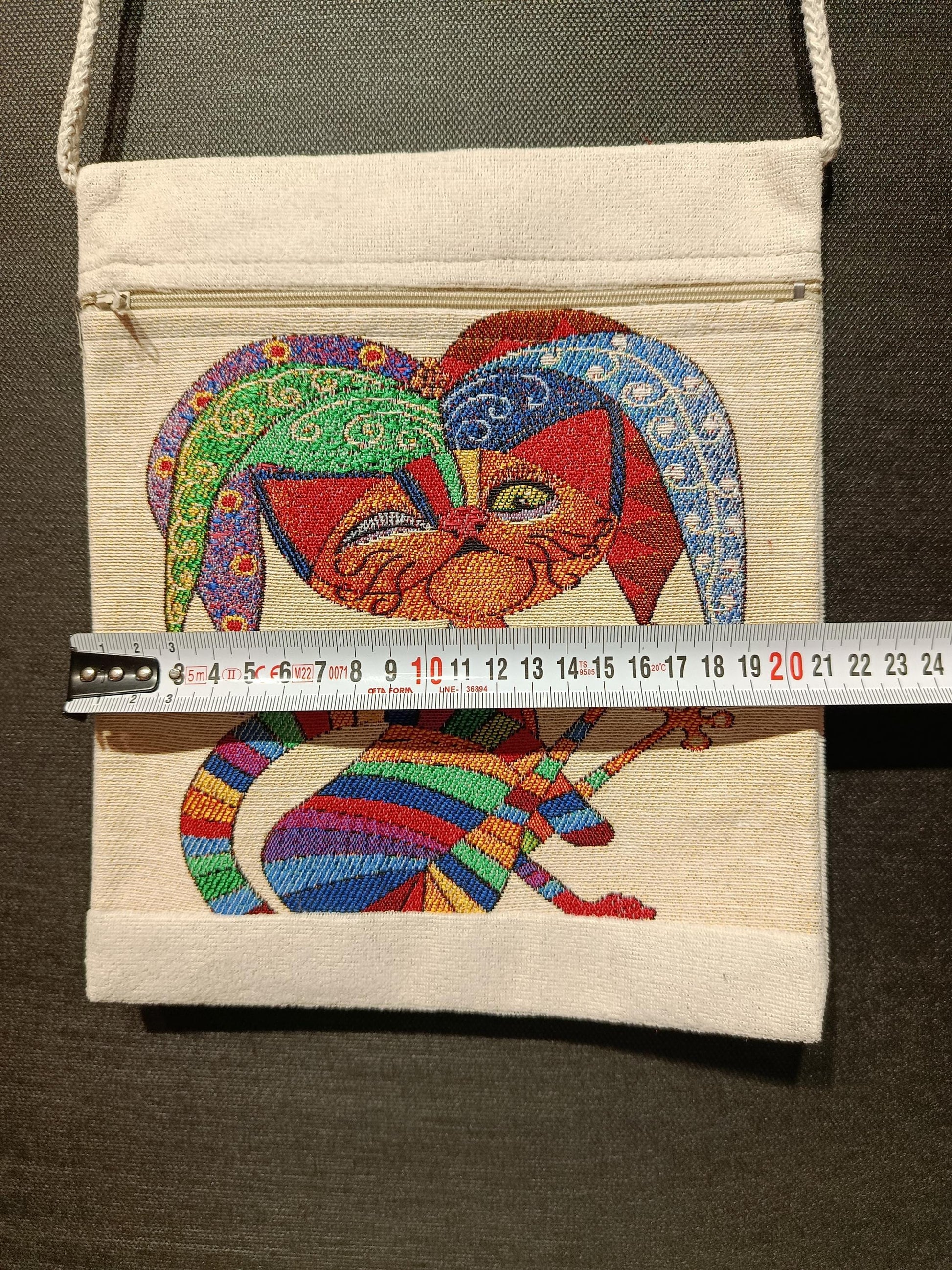 Whimsical Cat Crossbody Bag: Embroidered Jester Art, Canvas Pouch