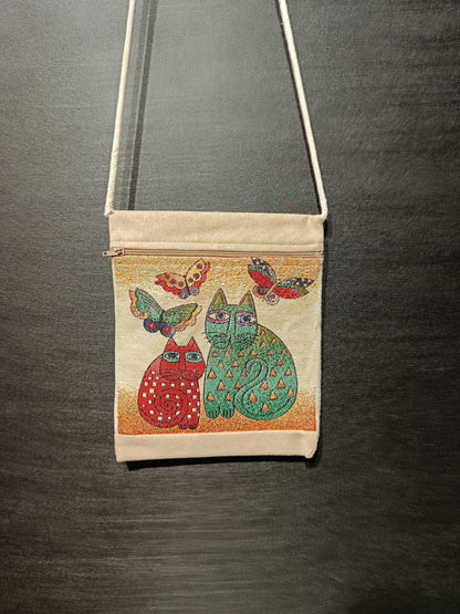 Colorful Cat and Butterfly Crossbody Bag – 8"x10" Handmade Canvas Shoulder Purse from Türkiye