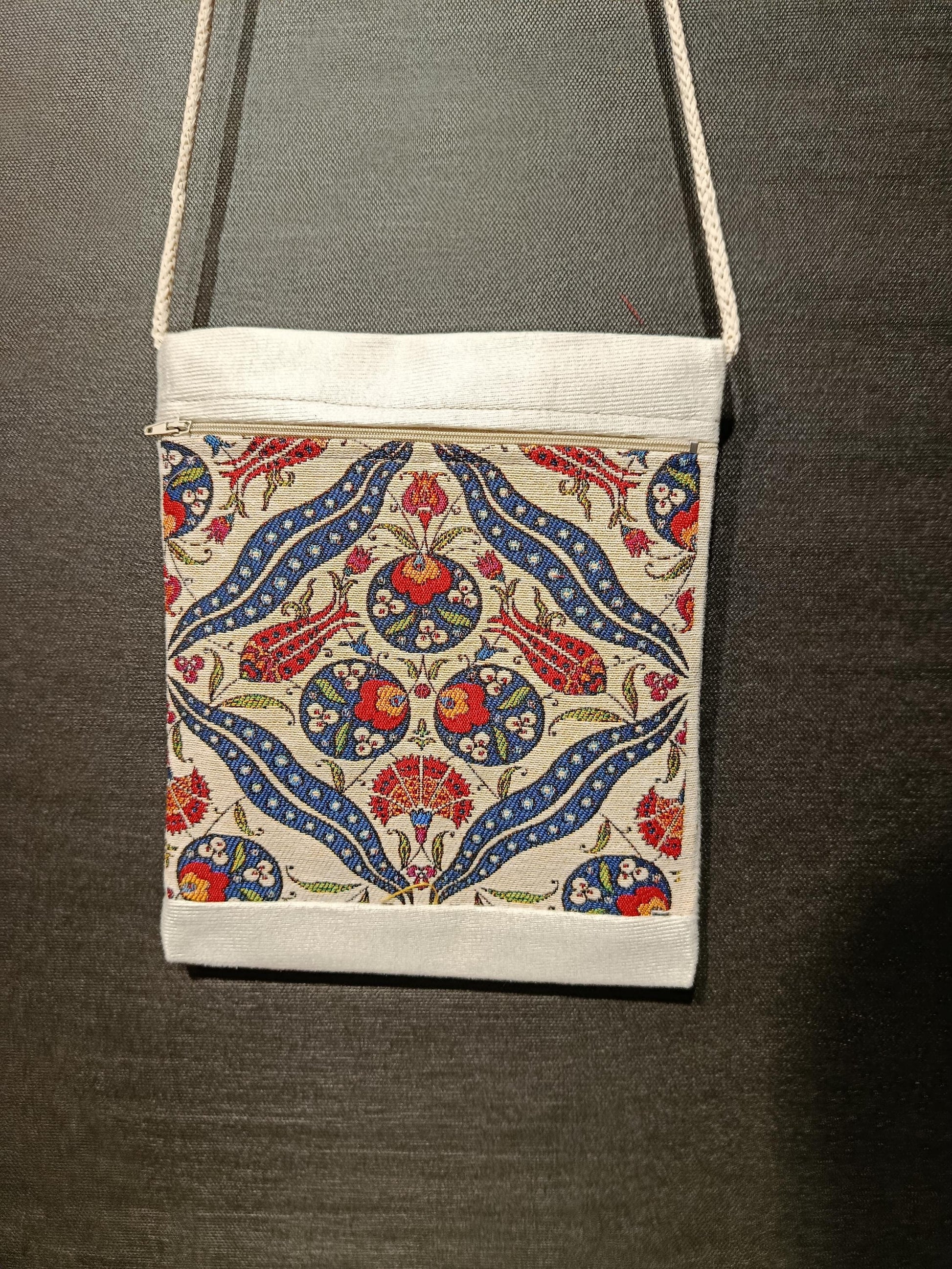 Turkish Tile Pattern Crossbody Bag – Ottoman Motif Canvas Purse, 8"x10" Small Shoulder Bag