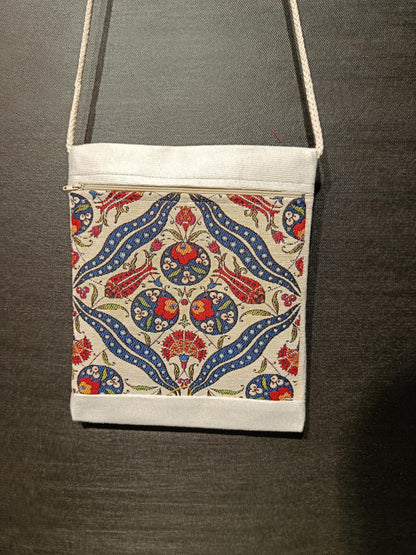 Turkish Tile Pattern Crossbody Bag – Ottoman Motif Canvas Purse, 8"x10" Small Shoulder Bag