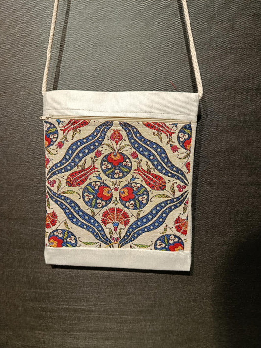 Turkish Tile Pattern Crossbody Bag – Ottoman Motif Canvas Purse, 8"x10" Small Shoulder Bag