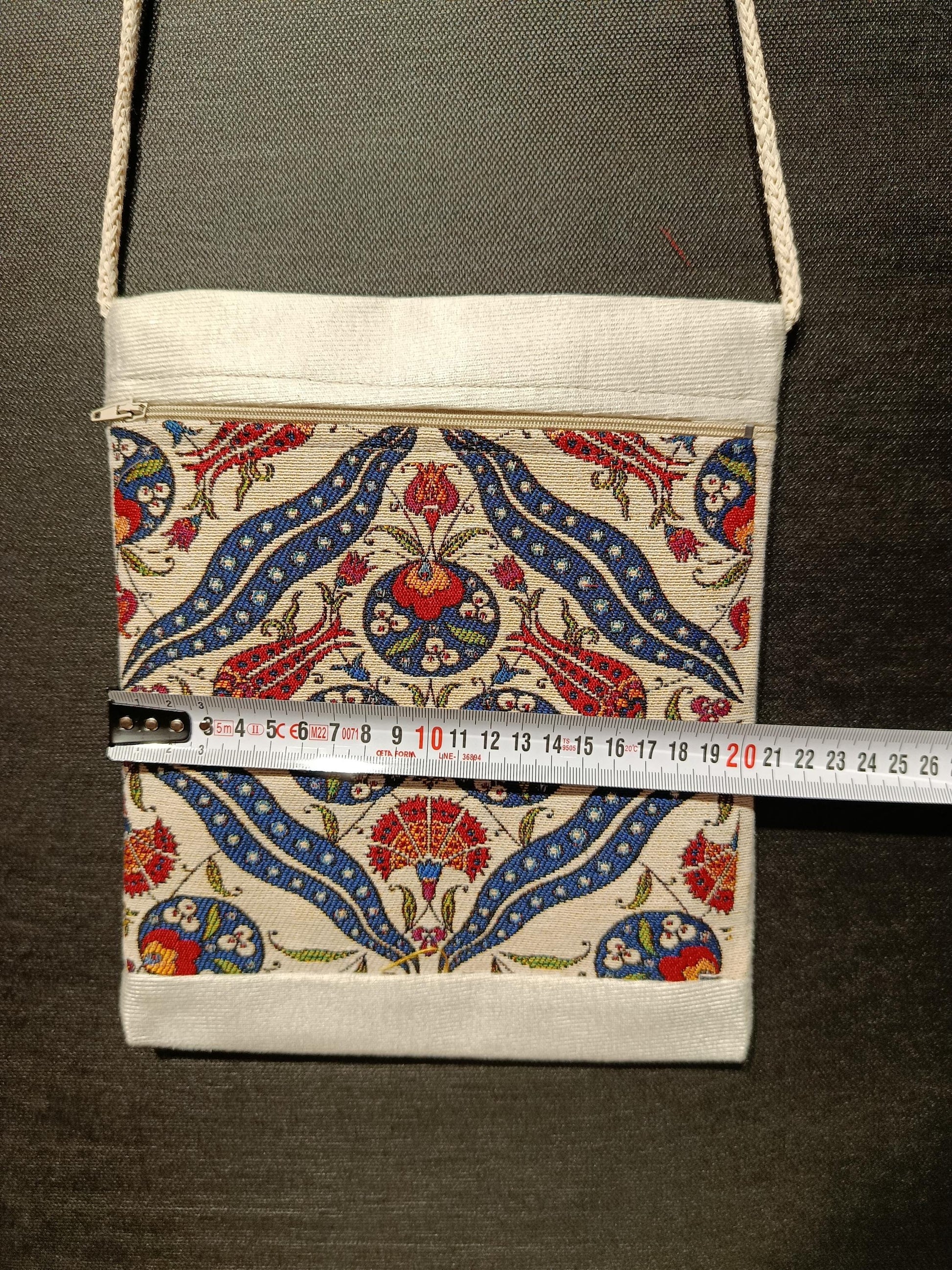 Turkish Tile Pattern Crossbody Bag – Ottoman Motif Canvas Purse, 8"x10" Small Shoulder Bag