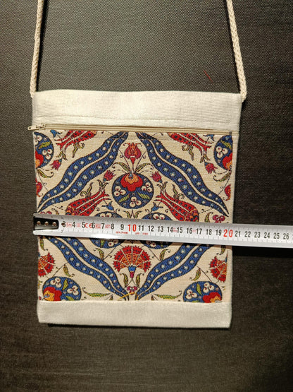 Turkish Tile Pattern Crossbody Bag – Ottoman Motif Canvas Purse, 8"x10" Small Shoulder Bag