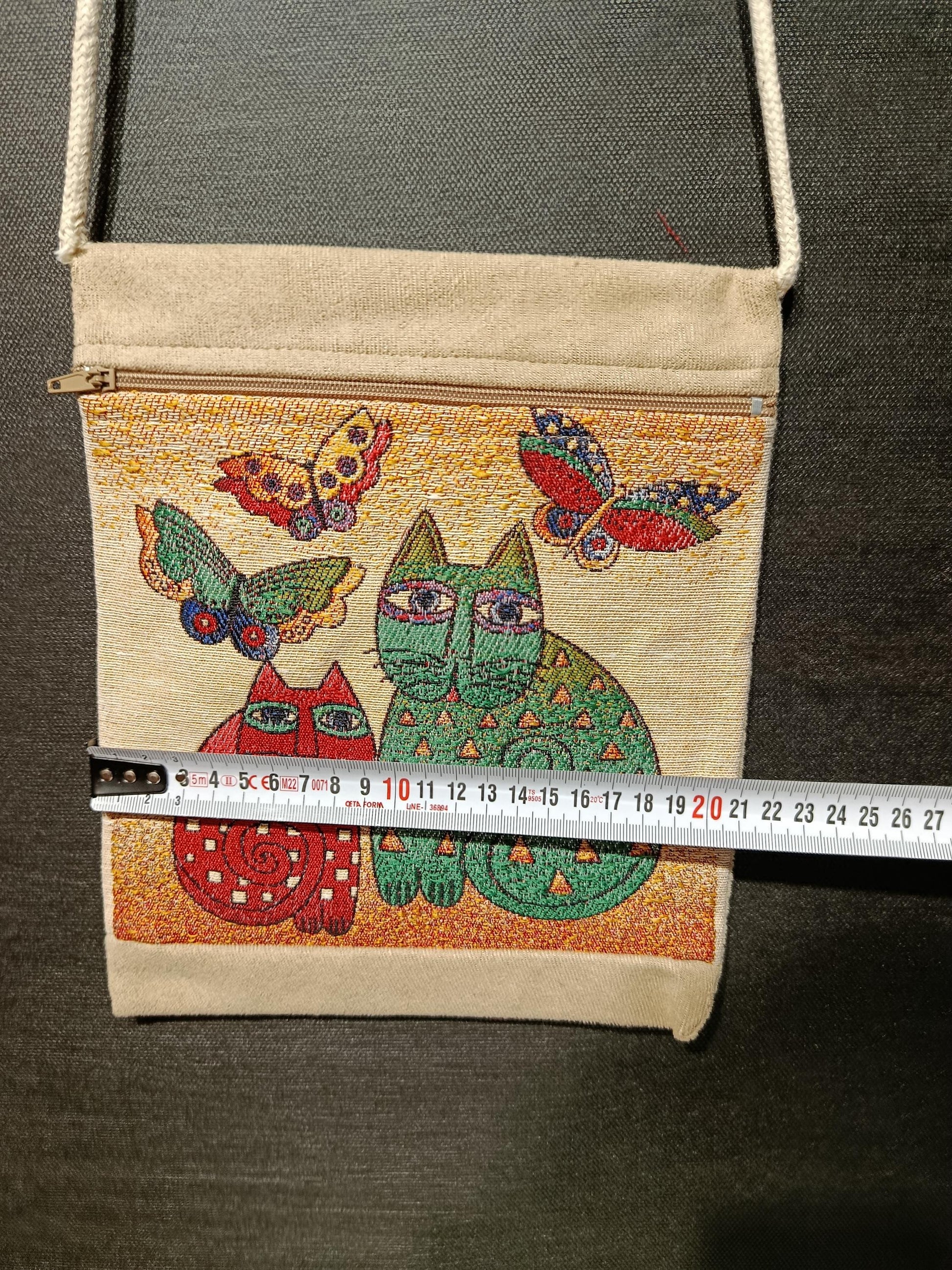 Colorful Cat and Butterfly Crossbody Bag – 8"x10" Handmade Canvas Shoulder Purse from Türkiye