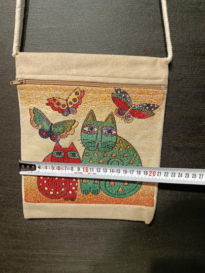 Colorful Cat and Butterfly Crossbody Bag – 8"x10" Handmade Canvas Shoulder Purse from Türkiye