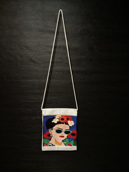 Frida Style Crossbody Bag – Bold Floral Canvas Purse, Handmade Art-Inspired Bag 8"x10"