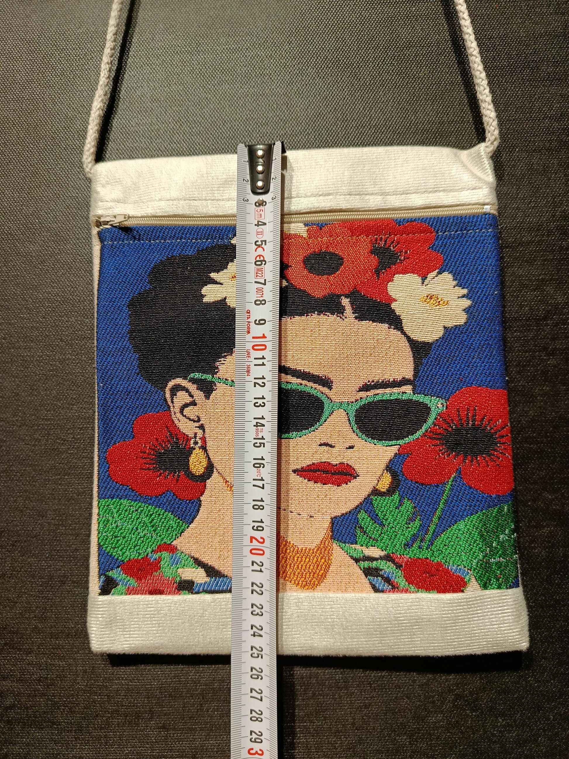 Frida Style Crossbody Bag – Bold Floral Canvas Purse, Handmade Art-Inspired Bag 8"x10"
