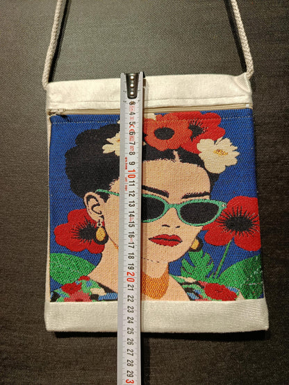 Frida Style Crossbody Bag – Bold Floral Canvas Purse, Handmade Art-Inspired Bag 8"x10"