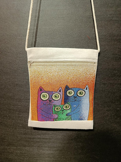 Cat Family Crossbody Bag: Handmade Canvas Shoulder Purse